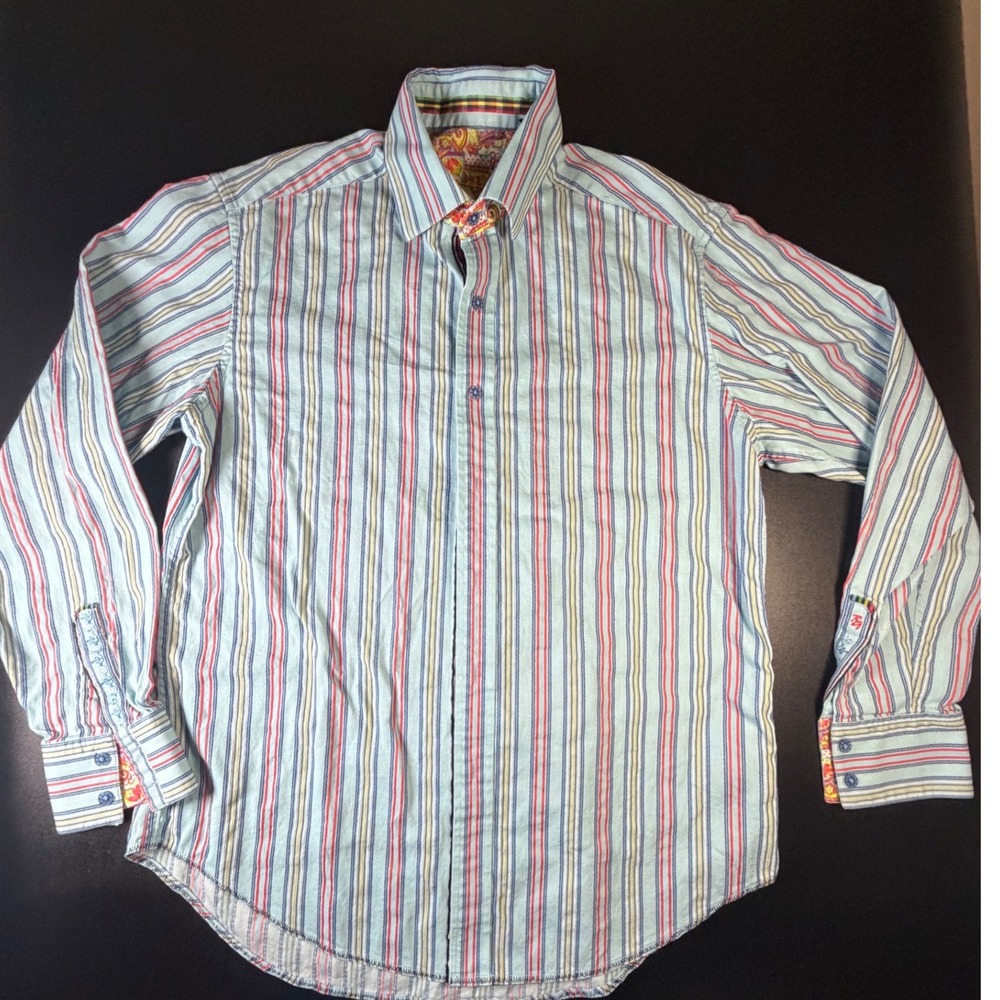 Robert Graham Mens Medium Striped Button Down Shirt Anchor Embroidery Blue L1